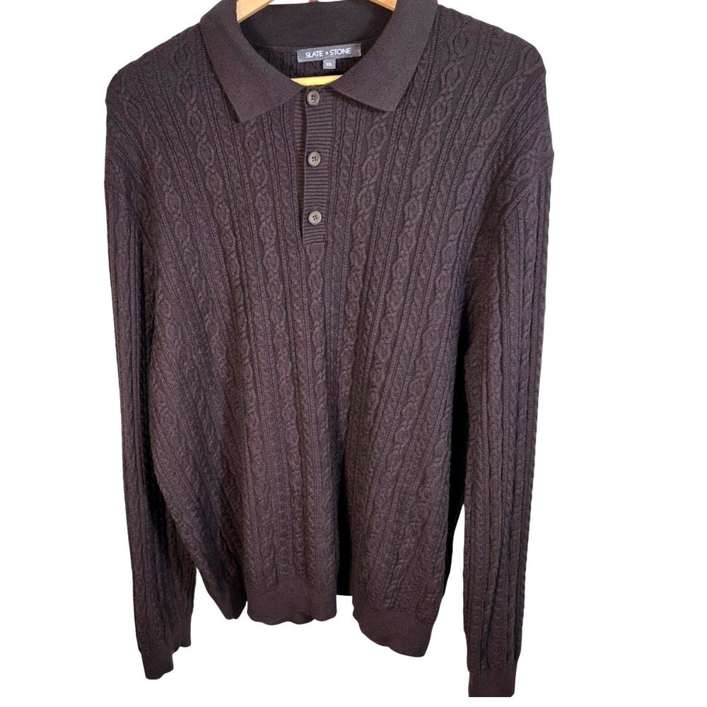 Slate & Stone Men's Cable Knit Polo Sweater - Brown - Size XXL 2XL - Soft Knit‎